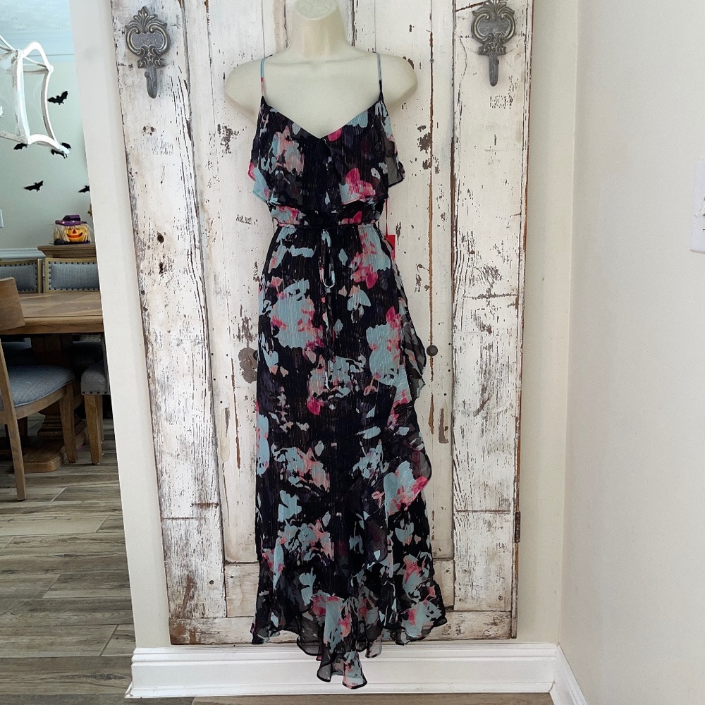 Jennifer Lopez Dress Size Small Woman's Black Pink Blue Metallic Ruffle Midi